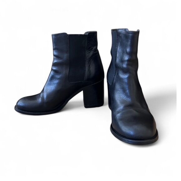 JONAK Black Leather Chelsea Boots, Block Heel - Picture 1 of 8